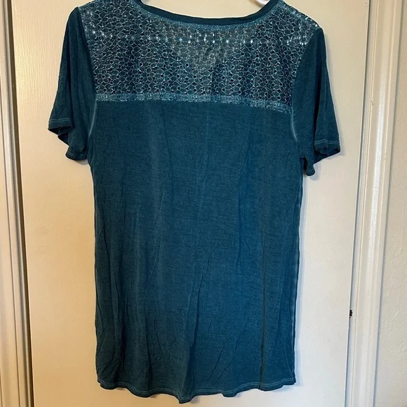 Maurices Teal V-Neck Blouse with Lace and Knot - Picture 3 of 3